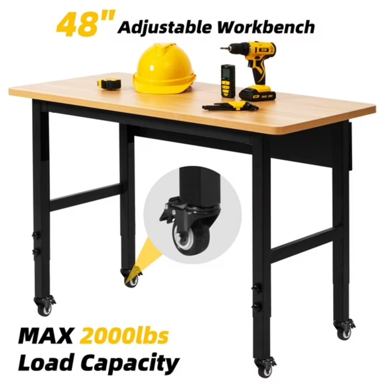 spanspace 48" Adjustable Heavy-Duty Workbench, Hardwood Top Worktable with Locking Universal Wheels & Metal Frame,Workshop Garage Table